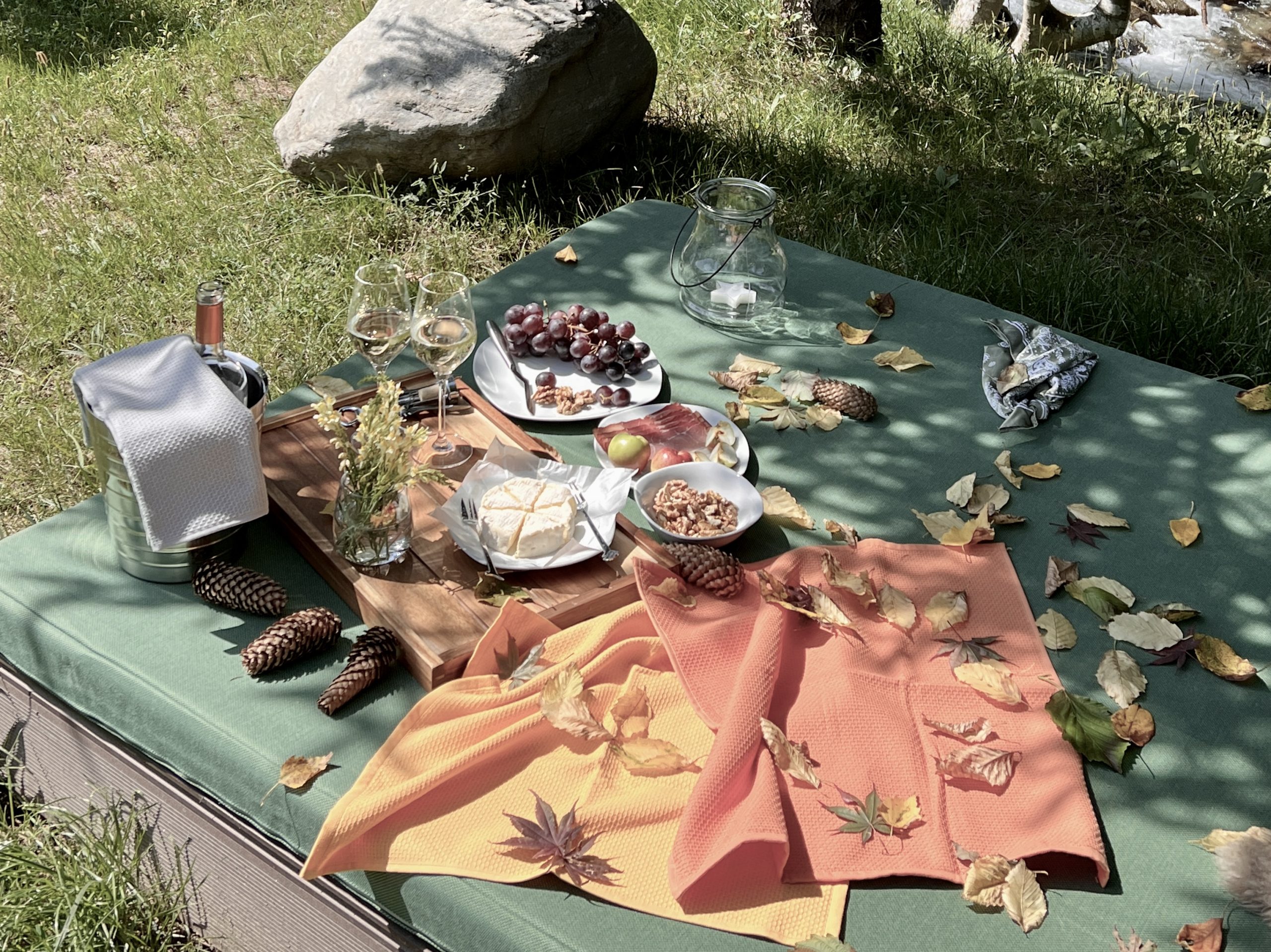 Picnic gourmet în iarbă la 663A Mountain Chalet: platou cu brânzeturi (camembert), prosciutto, nuci și struguri, alături de două pahare de vin alb și un felinar, pe o pătură verde lângă râu, decorat cu frunze de toamnă și conuri.
