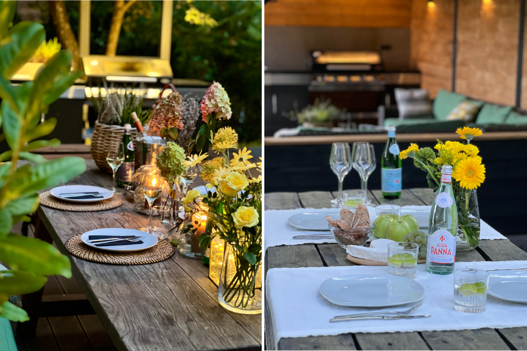 Colaj cu zona de dining exterior la 663A Mountain Chalet: (Stânga) Cină romantică la lumina lumânărilor cu aranjament floral pe masă de lemn masiv; (Dreapta) Prânz în aer liber cu brânzeturi și fructe, având în fundal zona de lounge acoperită și grătarul profesional din inox.